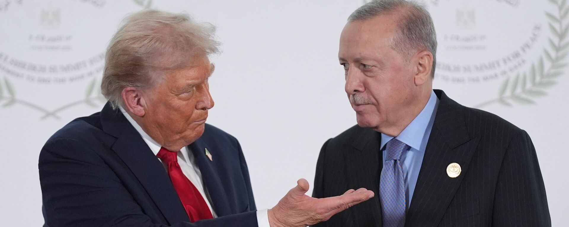 Дональд Трамп приветствует президента Турции Реджепа Тайипа Эрдогана во время саммита в поддержку прекращения войны Израиля и ХАМАС 13 октября 2025 года, в Шарм-эль-Шейхе, Египет.  - Sputnik Тоҷикистон, 1920, 15.10.2025