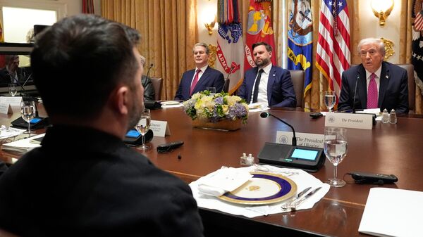 Президент Дональд Трамп и Владимир Зеленский во время встречи в Белом доме. Архивное фото - Sputnik Таджикистан