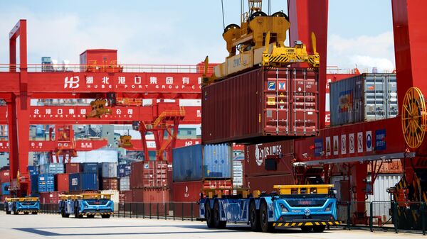 Платформы для железнодорожных контейнеров в порту Янло в Ухане.   - Sputnik Тоҷикистон