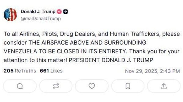 Трамп эълон кард, ки фазои ҳавоӣ дар Венесуэла ва наздики он баста мешавад - Sputnik Тоҷикистон