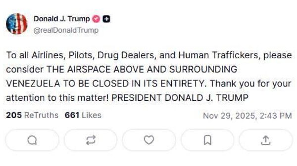 Трамп объявил о закрытии воздушного пространства над Венесуэлой - Sputnik Таджикистан