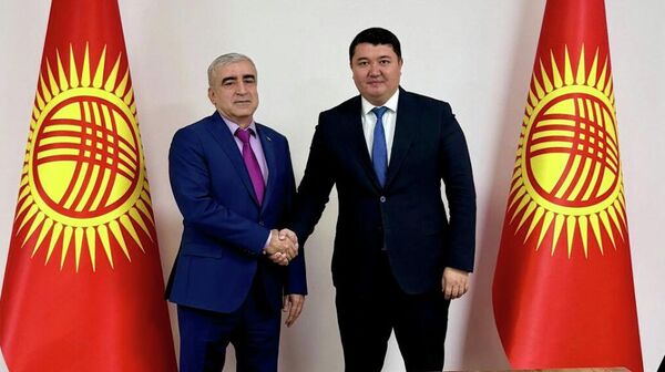 Директор Консульского департамента Министерства иностранных дел Кыргызской Республики Сейтека Жумакадыр уулу с Послом Таджикистан в Кыргызской Республике Назирмадом Ализодой. - Sputnik Таджикистан