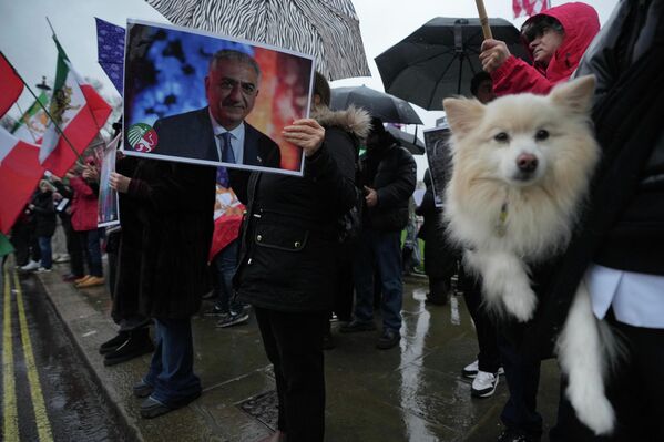 Эътирозгарон лавҳаҳоеро дар даст доранд, ки шоҳзодаи Эрон Ризо Паҳлавиро тасвир мекунанд. Дар он шоҳзода Ризо Паҳлавӣ ҳангоми намоиш дар назди бинои Парлумон дар Лондон тасвир шудааст. - Sputnik Тоҷикистон