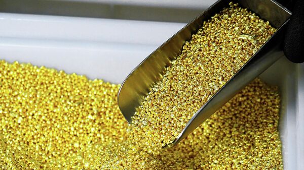 Сотрудник наполняет ёмкость гранулированным золотом высшей пробы 99,99 на Красноярском заводе цветных металлов имени В. Н. Гулидова.  - Sputnik Тоҷикистон