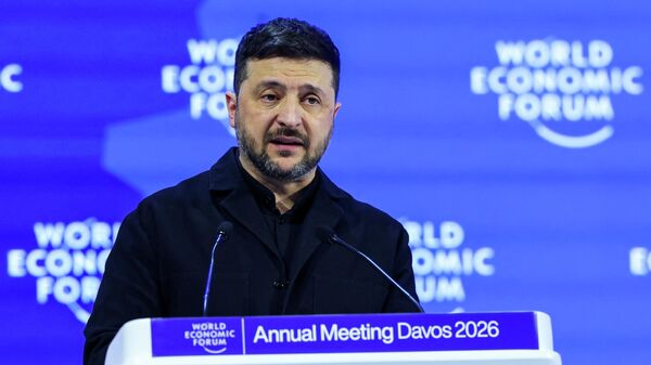 Владимир Зеленский выступает на 56-й ежегодной встрече Всемирного экономического форума (ВЭФ) в Давосе, Швейцария, 22 января 2026 года.  - Sputnik Таджикистан