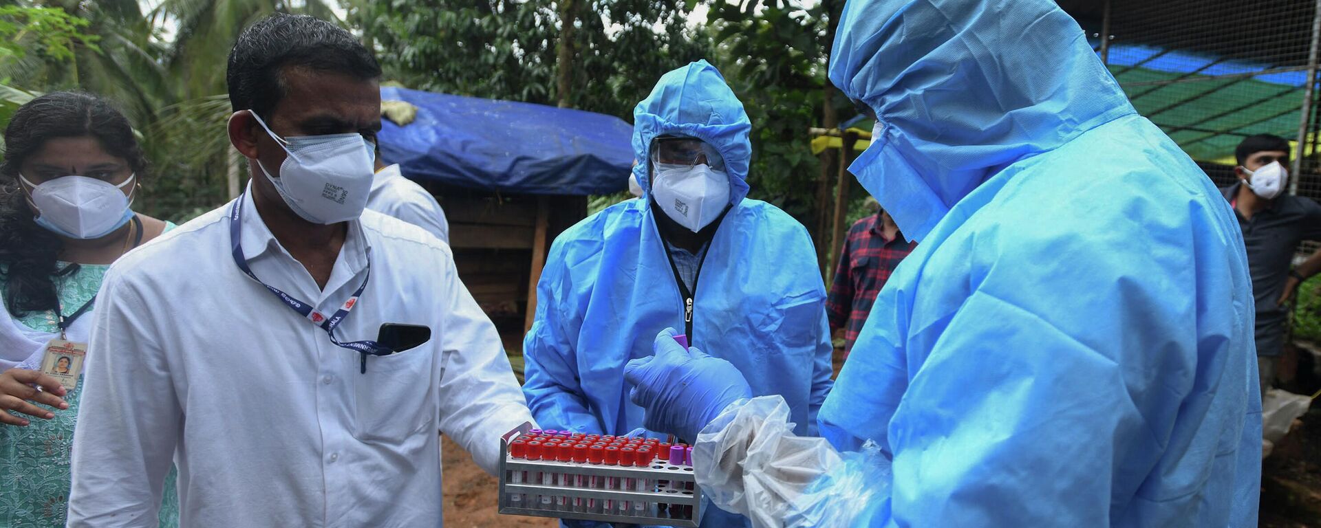 Медицинские работники берут образцы крови у коз для анализа после смерти 12-летнего мальчика от вируса Нипах в Кожикоде, штат Керала, Индия - Sputnik Таджикистан, 1920, 27.01.2026