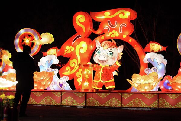 Посетители стоят рядом с рядами светящихся фонарей в преддверии празднования Нового года по лунному календарю в Пекине. - Sputnik Таджикистан