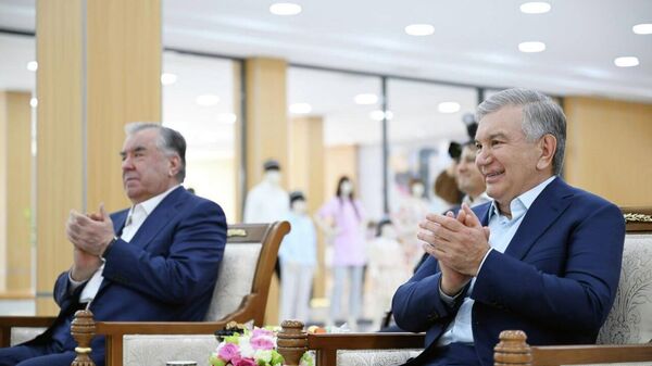 Президенти Тоҷикистон Эмомалӣ Раҳмон ҳамроҳ бо ҳамтои узбекаш Шавкат Мирзиёев аз фабрикае, ки маҳсулотҳои таҳти бренди «Shoyigul»-ро истеҳсол мекунад, боздид кард - Sputnik Тоҷикистон