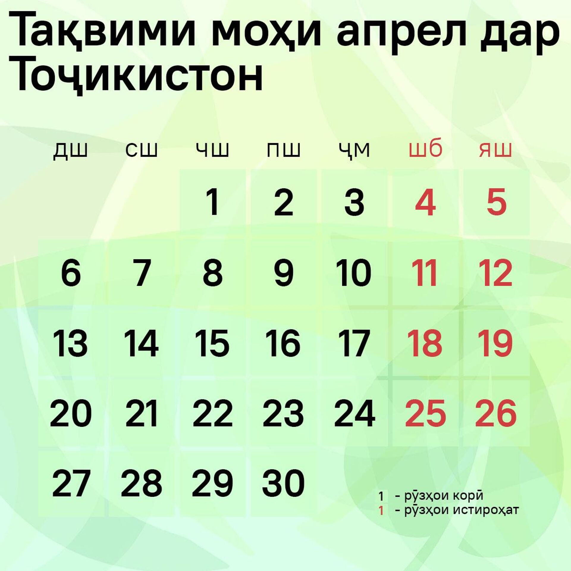 Тақвими моҳи апрел дар Тоҷикистон - Sputnik Тоҷикистон, 1920, 31.03.2026