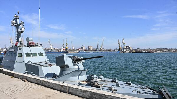 Малый бронированный артиллерийский катер проекта 58155 (Гюрза-М) Аккерман Военно-морских сил Украины в порту Бердянска. Архивное фото - Sputnik Таджикистан