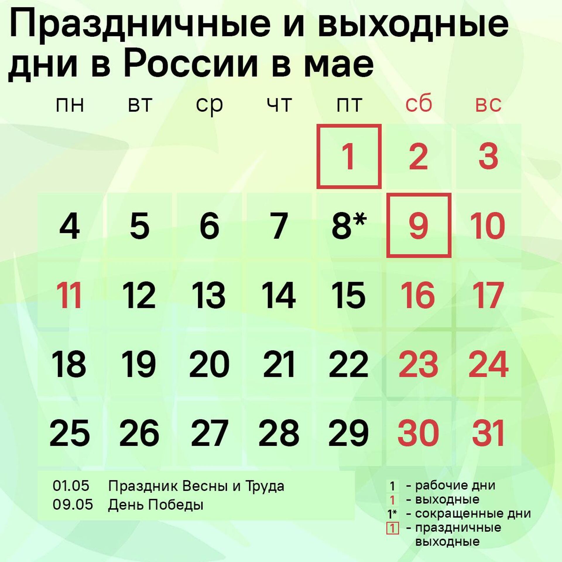 Праздничные и выходные дни в России в мае - Sputnik Таджикистан, 1920, 29.04.2026