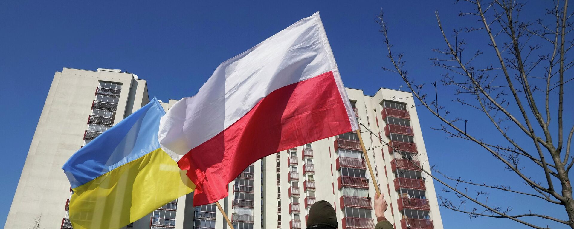 Мужчина размахивает украинским и польским флагами в Варшаве, Польша. - Sputnik Тоҷикистон, 1920, 03.06.2026