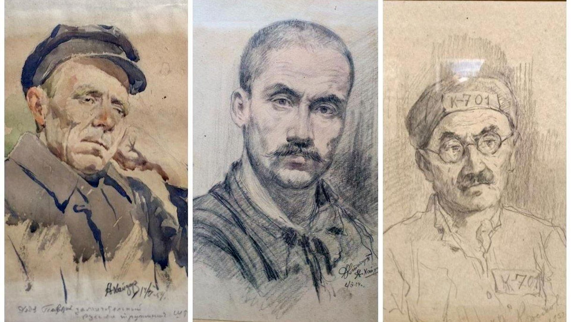 Ашур Хайдаров. Портреты узников Карлага и автопортрет (в центре) Ашур Хайдаров. Портреты узников Карлага и автопортрет (в центре) - Sputnik Таджикистан, 1920, 21.07.2026