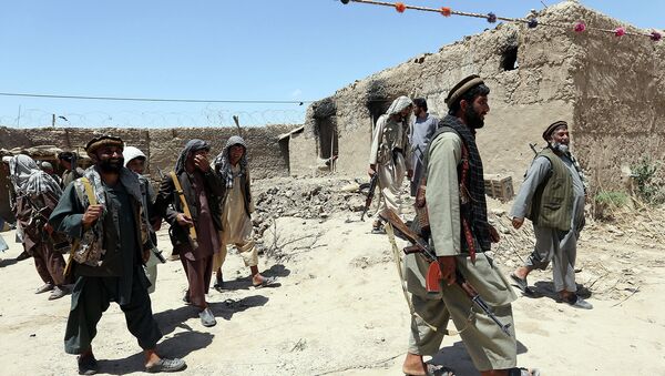 Вооруженная группа боевиков идет мимо дома, сожженного талибами в провинции Кундуз. Май 2015 года - Sputnik Таджикистан
