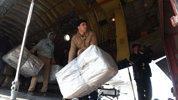 Погрузка гуманитарной помощи из самолета МЧС РФ в аэропорту Душанбе - Sputnik Таджикистан