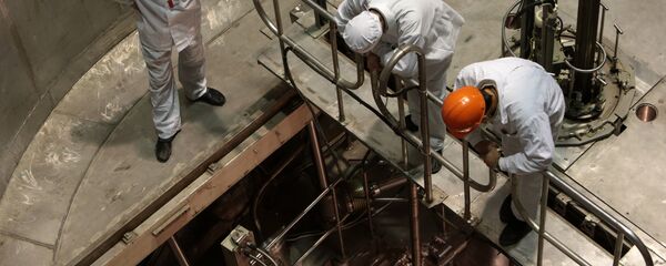 Сотрудники научно-исследовательского центра стоят у шахты реактора, архивное фото - Sputnik Таджикистан