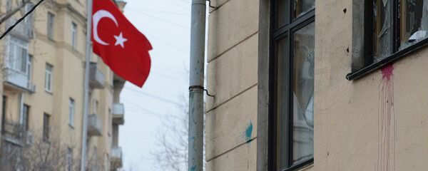 Следы краски на стене и разбитые окна здания посольства Турции в Москве, у которого прошла акция протеста против действий Военно-воздушных сил Турции. Архивное фото Следы краски на стене и разбитые окна здания посольства Турции в Москве, у которого прошла акция протеста против действий Военно-воздушных сил Турции. Архивное фото - Sputnik Таджикистан