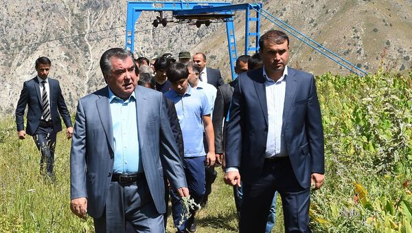 Эмомали Рахмон во время визита на горно-лыжный комплекс Сафед Дара - Sputnik Таджикистан