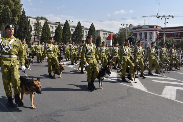 Военнослужащие вместе с служебными собаками проходят по площади Дусти - Sputnik Таджикистан