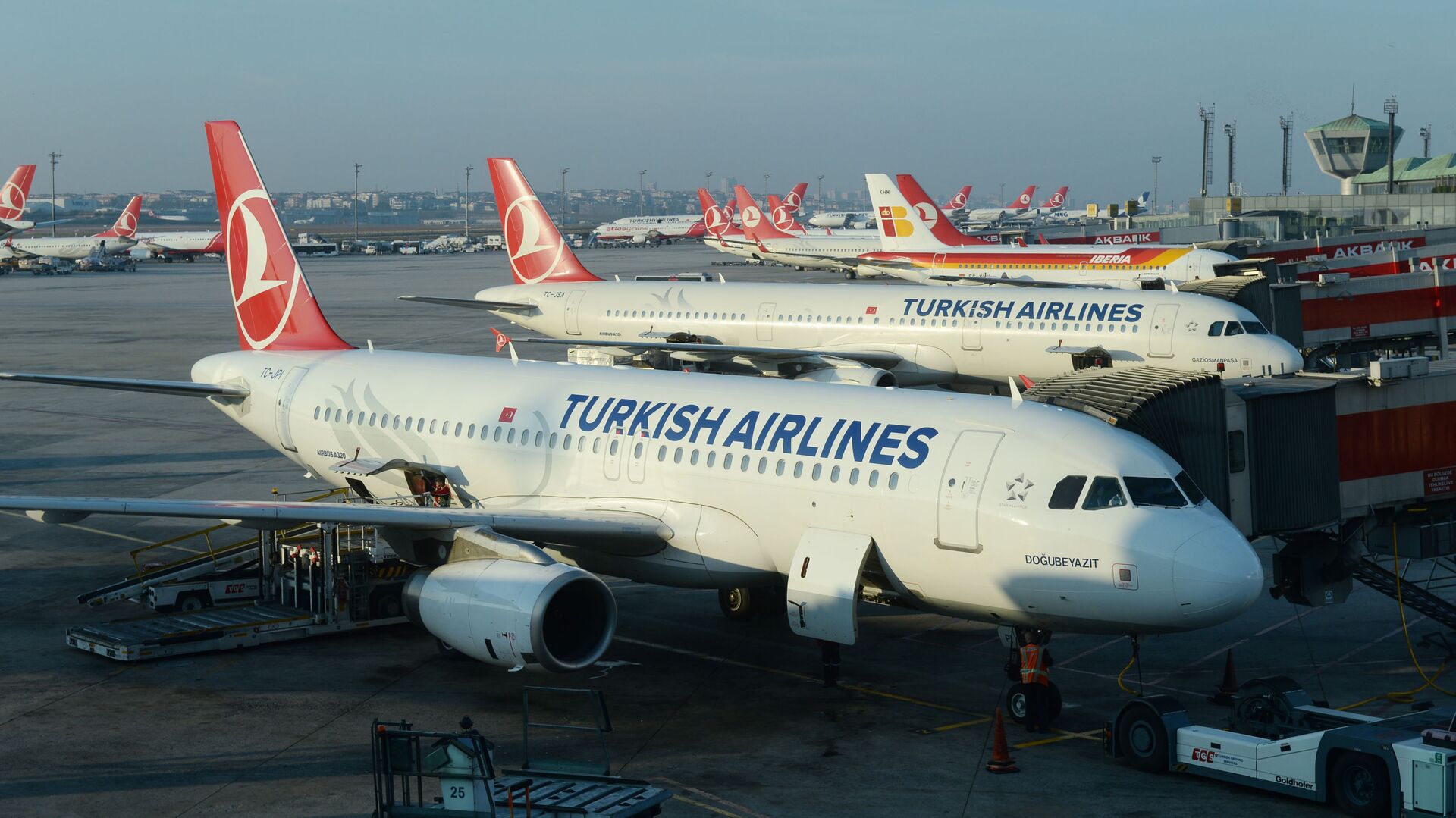 Самолеты Airbus A320 и A321 авиакомпании Turkish Airlines в Международном аэропорту имени Ататюрка в Стамбул - Sputnik Таджикистан, 1920, 21.12.2021