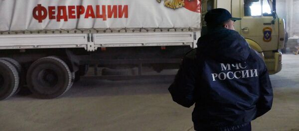 Сотрудник МЧС России во время разгрузки машин с гуманитарной помощью, архивное фото - Sputnik Тоҷикистон