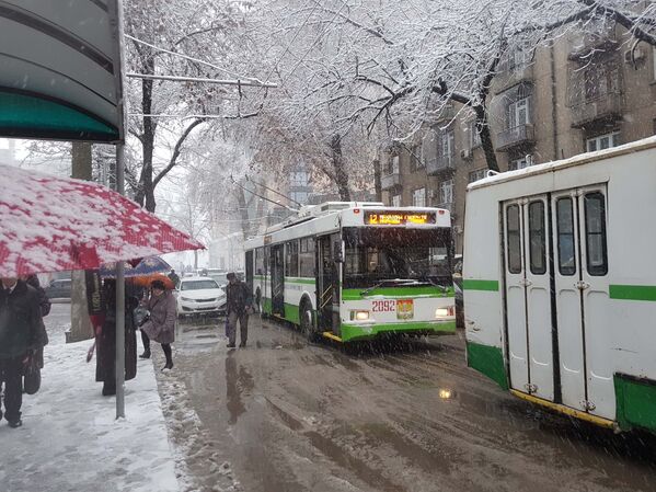 Выходя из троллейбуса, душанбинцы сразу попадают в грязную, снежную кашу - Sputnik Таджикистан