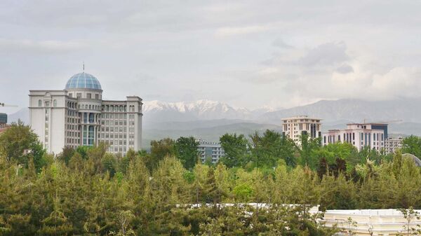 Обзор на город Душанбе. Здание на фоне гор - Sputnik Тоҷикистон