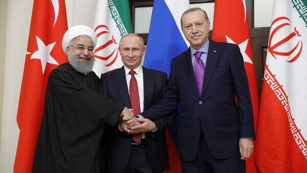 Встреча президента РФ В. Путина с президентом Ирана Х. Рухани и президентом Турции Р. Эрдоганом - Sputnik Тоҷикистон