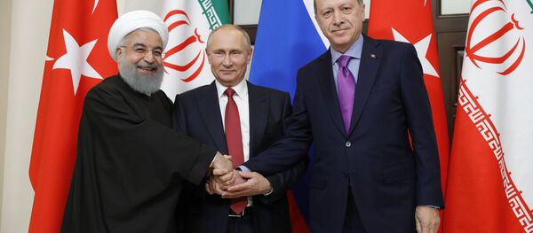 Встреча президента РФ В. Путина с президентом Ирана Х. Рухани и президентом Турции Р. Эрдоганом Встреча президента РФ В. Путина с президентом Ирана Х. Рухани и президентом Турции Р. Эрдоганом - Sputnik Тоҷикистон