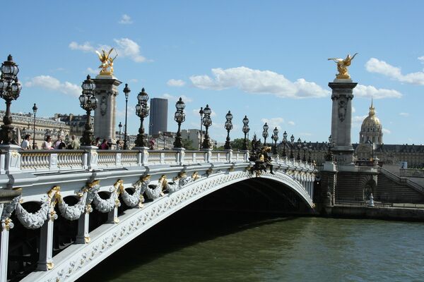 Приезжая в столицу Франции, туристы обязательно включают в программу посещения достопримечательностей мост Александра III в Париже. Это уникальное по своей красоте строение, украшенное диковинным орнаментом, ангелами, фантастическими животными, божественными девами, и прочим декором в жанре нового искусства - Sputnik Таджикистан