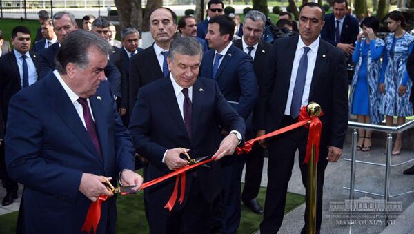 Президент Республики Узбекистан Шавкат Мирзиёев и Президент Республики Таджикистан Эмомали Рахмон открыли выставку промышленной продукции Таджикистана - Sputnik Таджикистан
