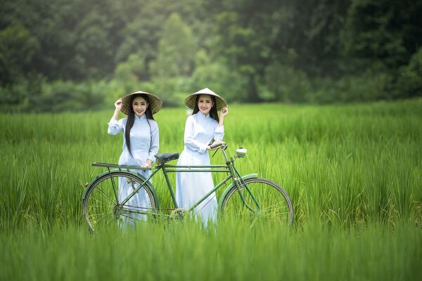 Вьетнамские девушки на зеленом поле у велосипеда - Sputnik Таджикистан