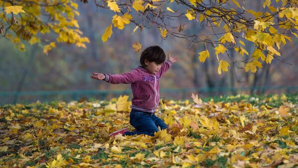 Девочка играет с опавшими листьями в парке, архивное фото - Sputnik Таджикистан