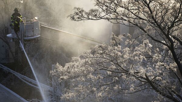 Пожарный на фоне замерзших деревьев во время тушения сильного пожара в Бруклине, США - Sputnik Таджикистан