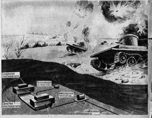 Иллюстрация невидимого магнитного поля, которое выводит из строя танки и машины, в журнале Техника молодежи за 1939 год - Sputnik Таджикистан