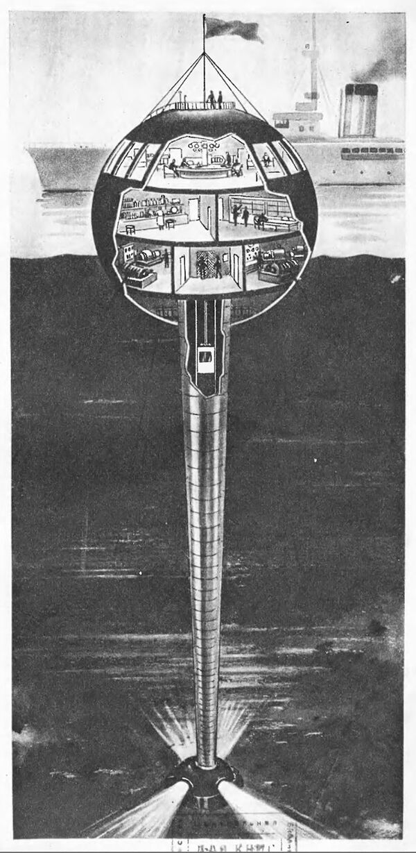 Иллюстрация батистата - огромного лифта ко дну моря, в журнале Техника молодежи за 1938 год - Sputnik Таджикистан