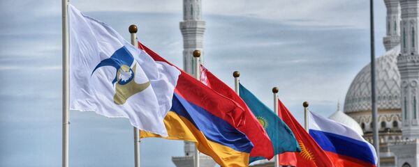 Флаги России, Киргизии, Казахстана, Белоруссии, Армении, а также с символикой Евразийского экономического союза (ЕАЭС) - Sputnik Таджикистан
