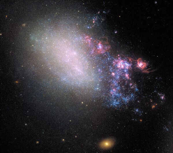 Снимок галактики NGC 4485 в созвездии Гончих Псов, которая сохранила следы столкновения с соседней галактикой миллионы лет назад - Sputnik Таджикистан
