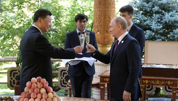 Президент РФ Владимир Путин и председатель КНР Си Цзиньпин (слева) во время встречи в резиденции китайского лидера в Душанбе - Sputnik Тоҷикистон