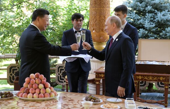 Президент РФ Владимир Путин и председатель КНР Си Цзиньпин (слева) во время встречи в резиденции китайского лидера в Душанбе - Sputnik Таджикистан