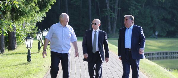 Мулоқоти сеҷонибаи сарони давлатҳои Тоҷикистон, Беларус ва Россия муҳтарам Эмомалӣ Раҳмон, Александр Лукашенко ва Владимир Путин Мулоқоти сеҷонибаи сарони давлатҳои Тоҷикистон, Беларус ва Россия муҳтарам Эмомалӣ Раҳмон, Александр Лукашенко ва Владимир Путин - Sputnik Тоҷикистон
