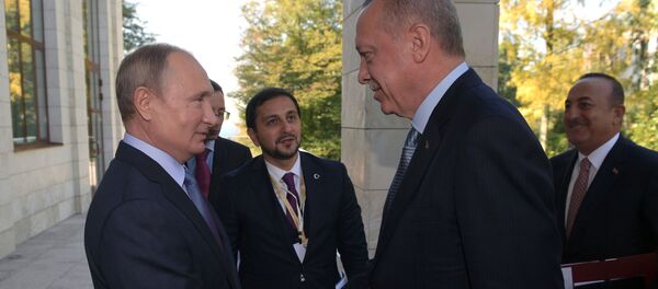 Президент РФ Владимир Путин и президент Турции Реджеп Тайип Эрдоган (справа на первом плане) во время встречи - Sputnik Таджикистан