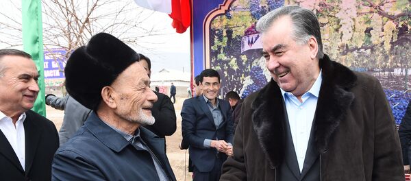 Президент Таджикистана Эмомали Рахмон на открытии виноградника Президент Таджикистана Эмомали Рахмон на открытии виноградника - Sputnik Таджикистан