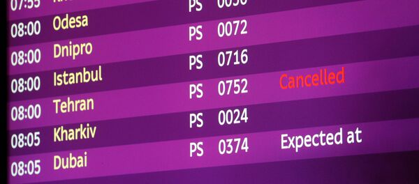 Электронное табло в аэропорту Борисполя, на котором рейс из Тегерана помечен как отмененный - Sputnik Таджикистан