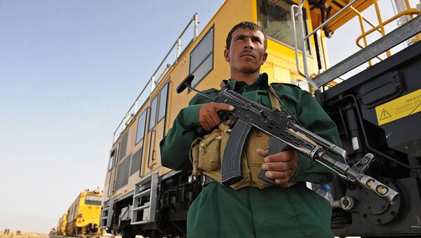 Афганский полицейский стоит на страже возле нового железнодорожного пути, открытого в Хайратане - Sputnik Таджикистан