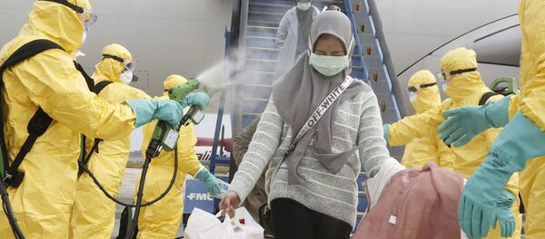 Индонезийцы, прибывшие из Уханя, Китай, получают антисептическое средство в аэропорту Ханг Надим в Батаме Индонезийцы, прибывшие из Уханя, Китай, получают антисептическое средство в аэропорту Ханг Надим в Батаме - Sputnik Тоҷикистон