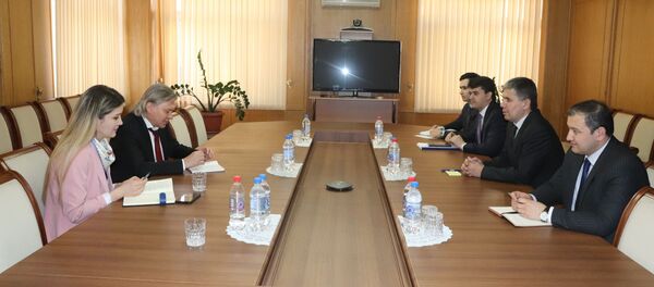 Мулоқоти Завқӣ Завқизода, вазири иқтисоди Тоҷикистон бо Юрий Соболев, намояндаи доимии ХБА дар Тоҷикистон - Sputnik Тоҷикистон