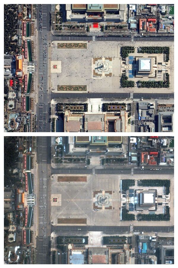 Площадь Тяньаньмэнь в Пекине до коронавируса 21 февраля 2019 года и во время коронавируса 11 февраля 2020 года - Sputnik Тоҷикистон