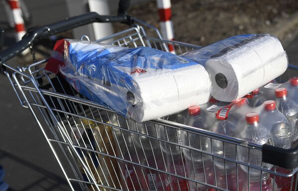 Туалетная бумага в тележке покупателя в супермаркете Дортмунда - Sputnik Таджикистан
