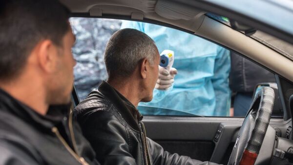 Медицинский работник проверяет температуру у водителя на КПП на выезде из города - Sputnik Таджикистан
